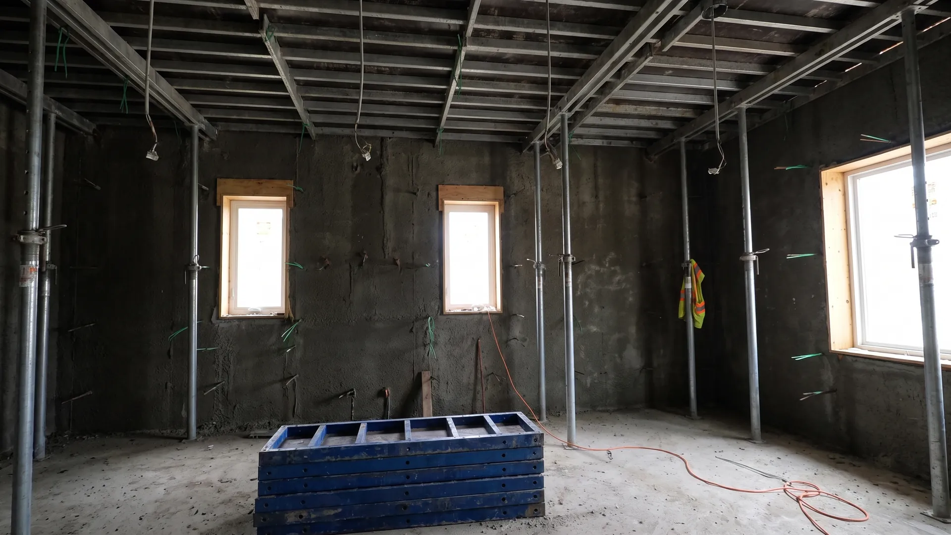 The same kitchen as a delivered SCIP greyshell with metal framing and shoring